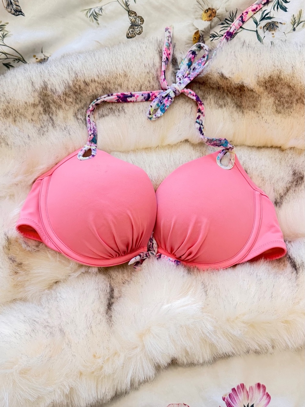 Victoria's Secret Coral Pink Halter Push-Up Bikini Top with Floral Tie